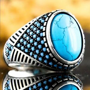 Men's Silver Plated Retro Chunky Oval Turquoise Ring Holiday Anniversary Gifts